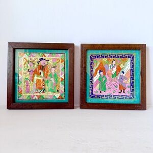 Set of 2 Antique Hand-Painted Chinese Folk Art Firecracker Labels 1800s–1900s